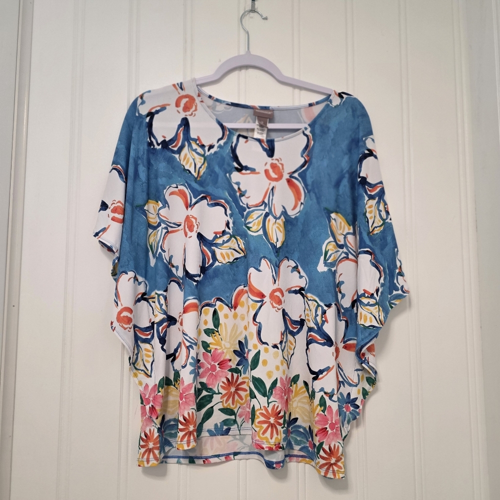 Chico’s Floral Dolman Sleeve Top – Blue Multi Print, Size 2 (Large/XL Equivalent